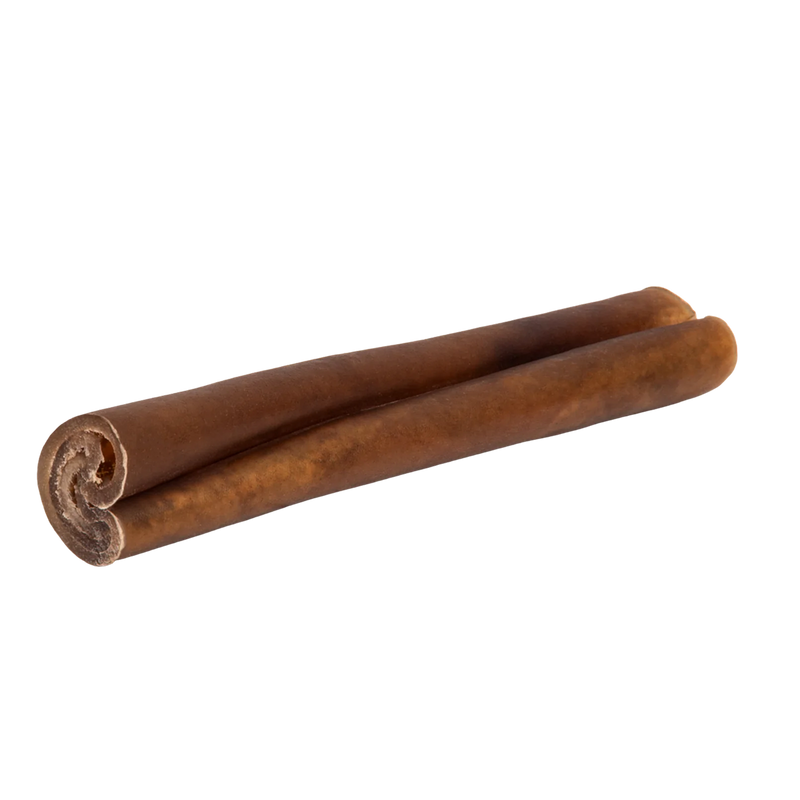 Angled view of beef cheek sticks showcasing rolled ends on a black background
