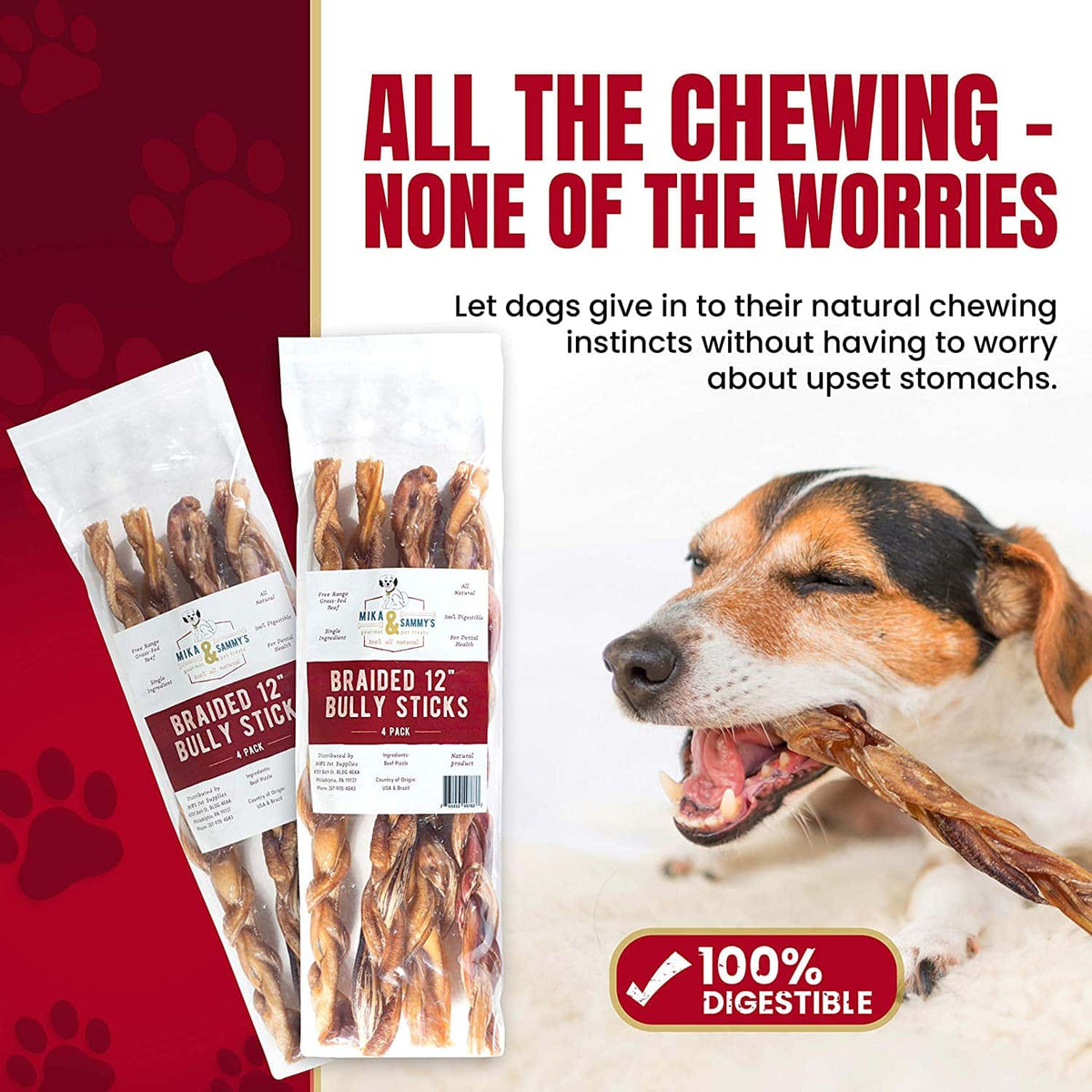 Close-up of braided bully sticks showing three-strand braid texture and meaty brown color on white background
