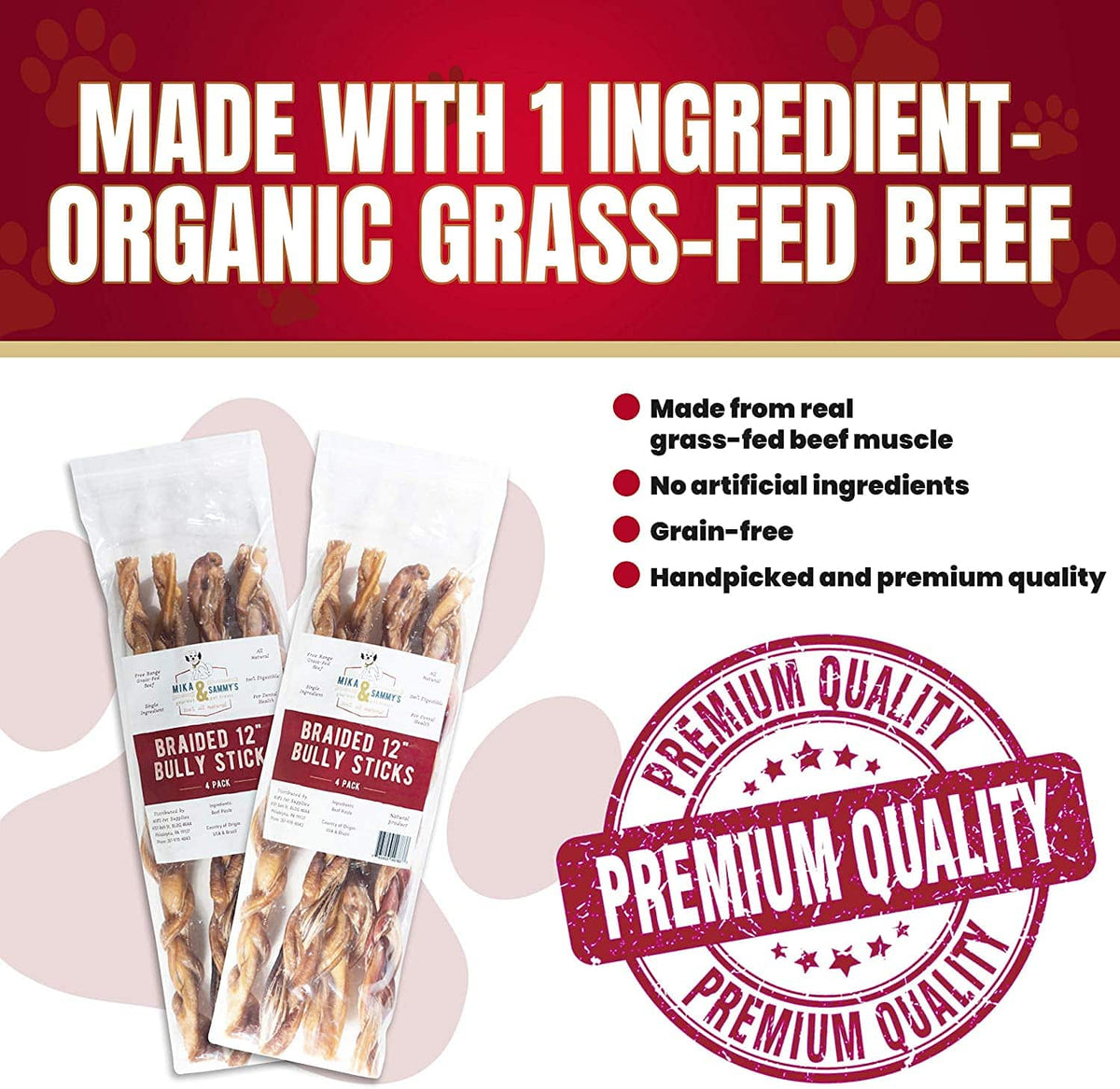 Front view of 12-inch Monster braided bully stick showing three-strand braid and natural grass-fed beef color on white background