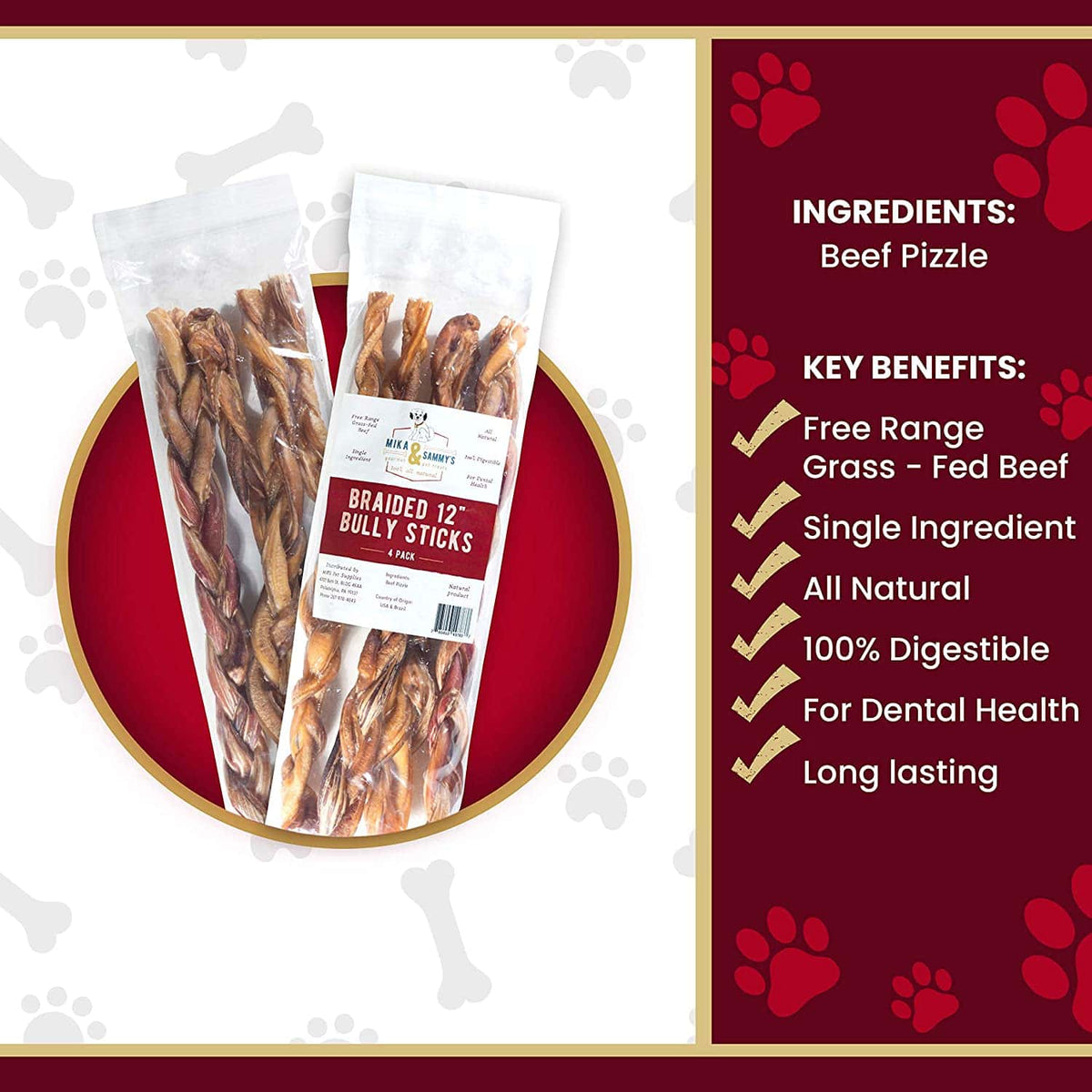 Front view of Premium Braided Bully Sticks pack showing braided single ingredient sticks in clear packaging on white background