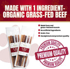 Promotional banner showing “Made with 1 ingredient — organic grass-fed beef” with two clear packages of premium bully sticks