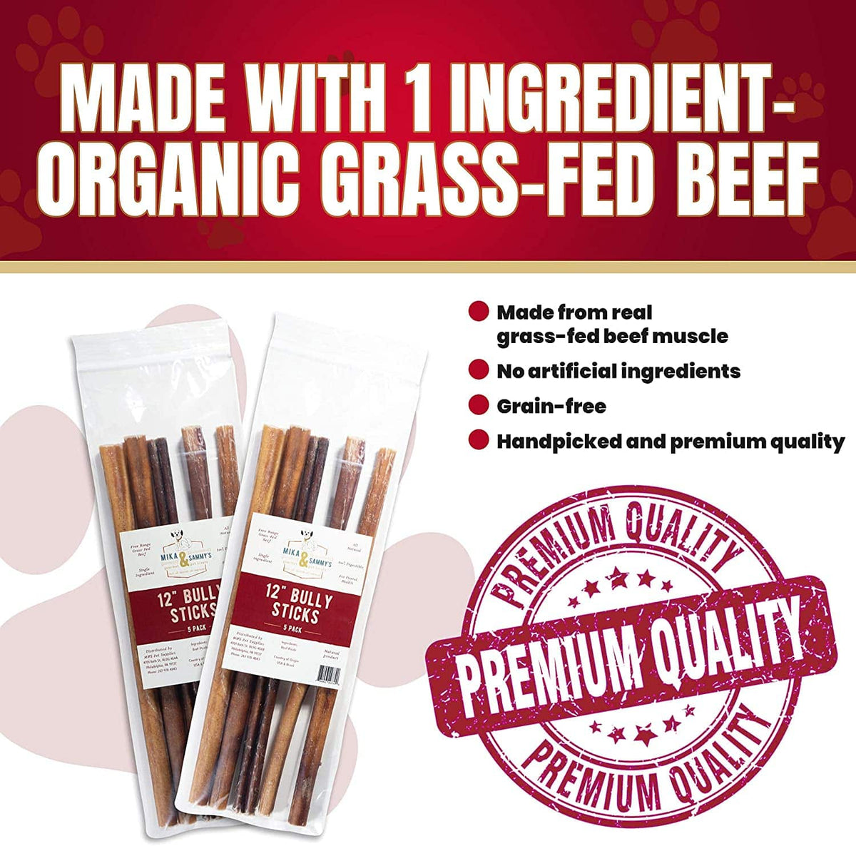 Promotional graphic showing “Made with 1 ingredient — organic grass-fed beef” with bullets noting made from real grass-fed beef muscle; no artificial ingredients; grain-free; handpicked premium quality