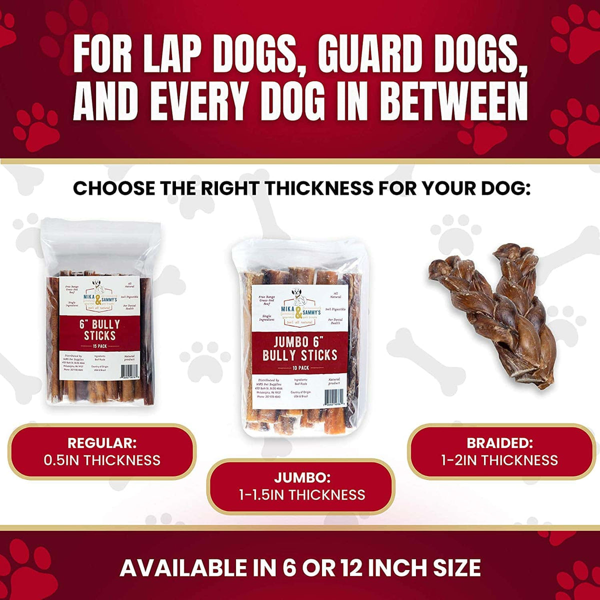 Bully stick comparison infographic showing regular, jumbo, and braided options for different dogs in 8 or 12 inch sizes