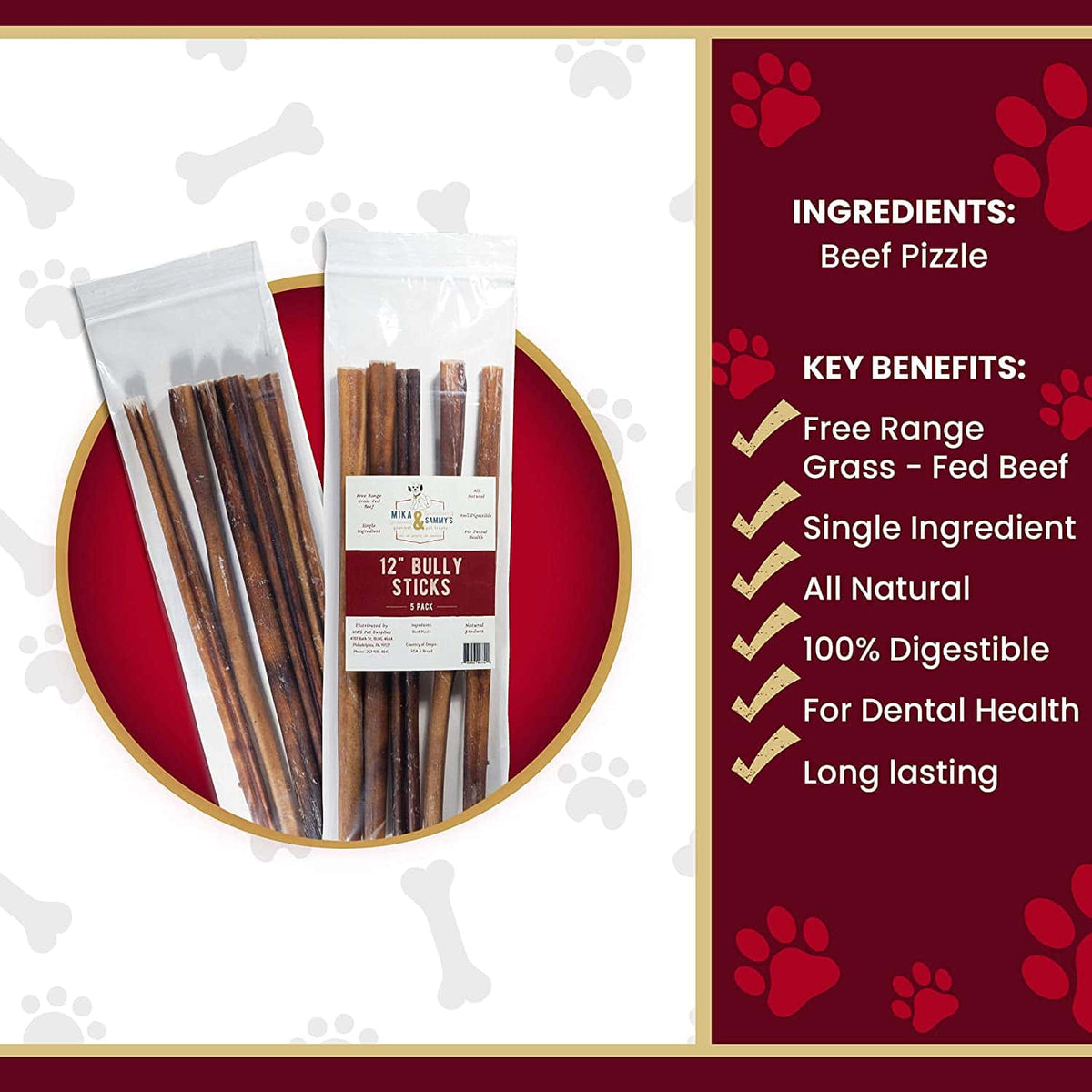 Promotional graphic highlighting all-natural, single-ingredient, grass-fed beef bully sticks for long-lasting chewing