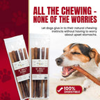 Bully sticks and a dog chewing with headline “All the chewing, none of the worries” and 100% digestible badge
