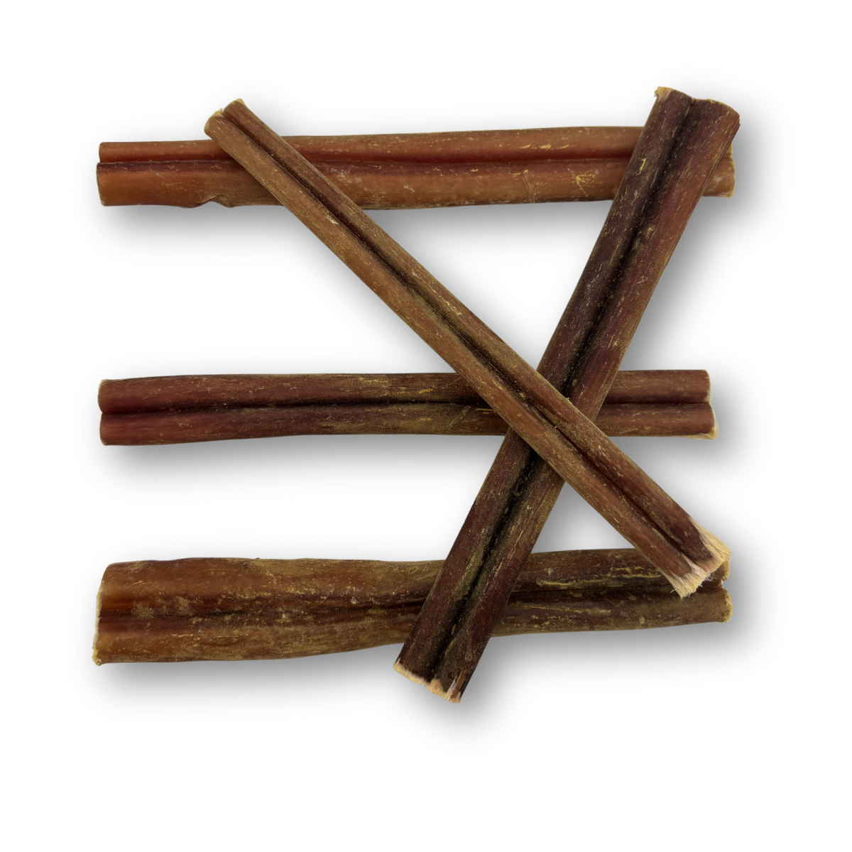 Top-down view of five 6-inch smoked bully sticks showcasing smoked brown color and firm texture on white background