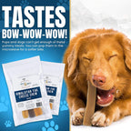 Promo banner TASTES BOW-WOW-WOW! golden retriever chewing yak cheese chew beside two product bags on blue background