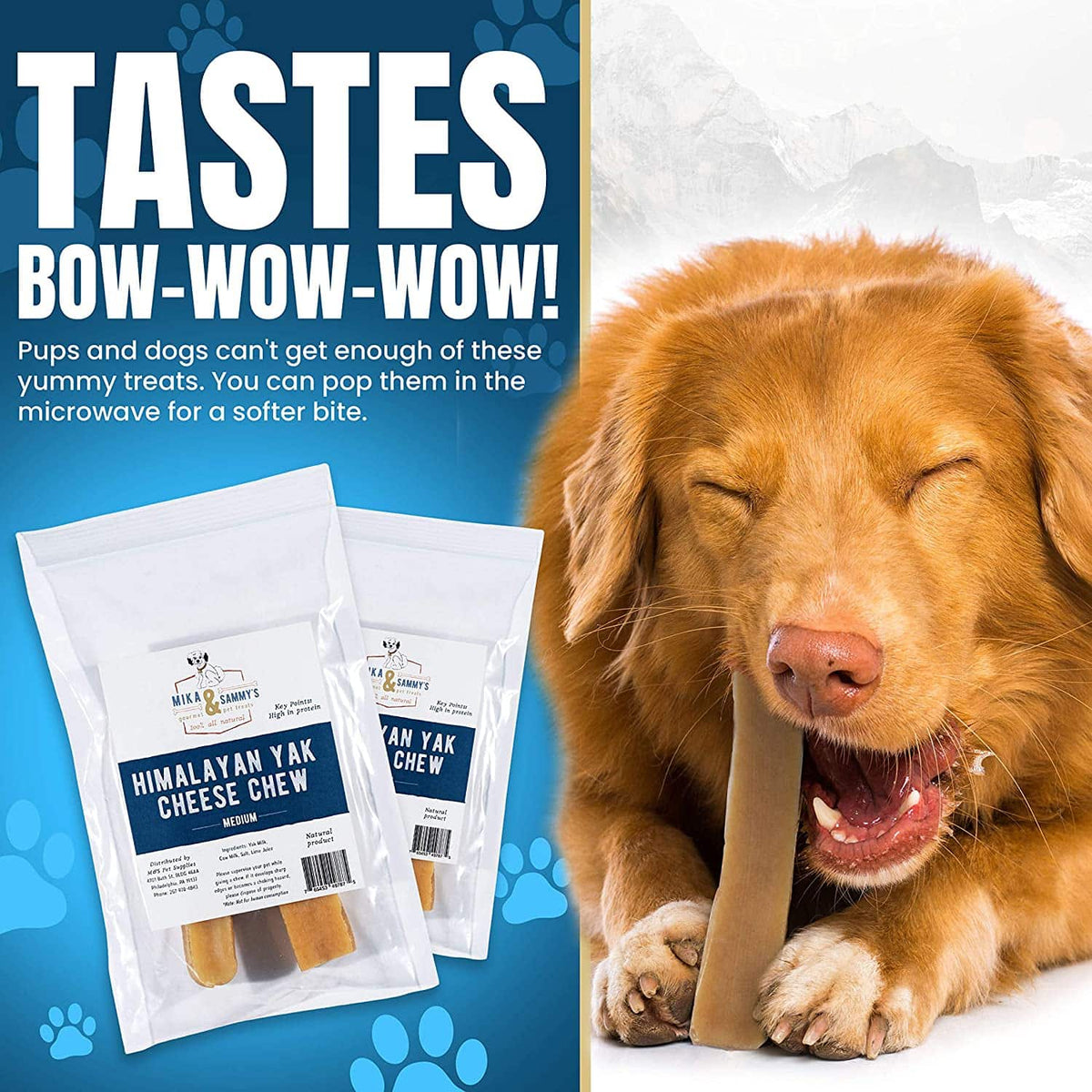 Promo banner TASTES BOW-WOW-WOW! golden retriever chewing yak cheese chew beside two product bags on blue background