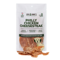 Front view of Philly Chicken Cheese dog treats showcasing chicken breast and cheese jerky treats in a white package