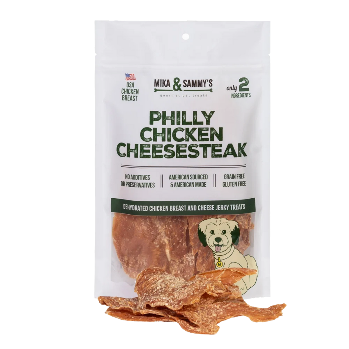 Front view of Philly Chicken Cheese dog treats showcasing chicken breast and cheese jerky treats in a white package