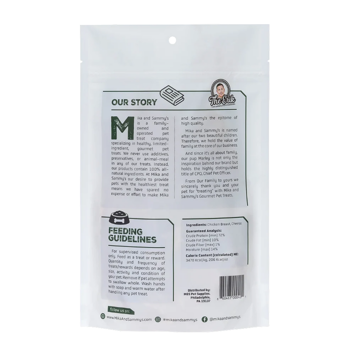 Rear view of Philly Chicken Cheese treat package showcasing feeding guidelines and ingredients with white background