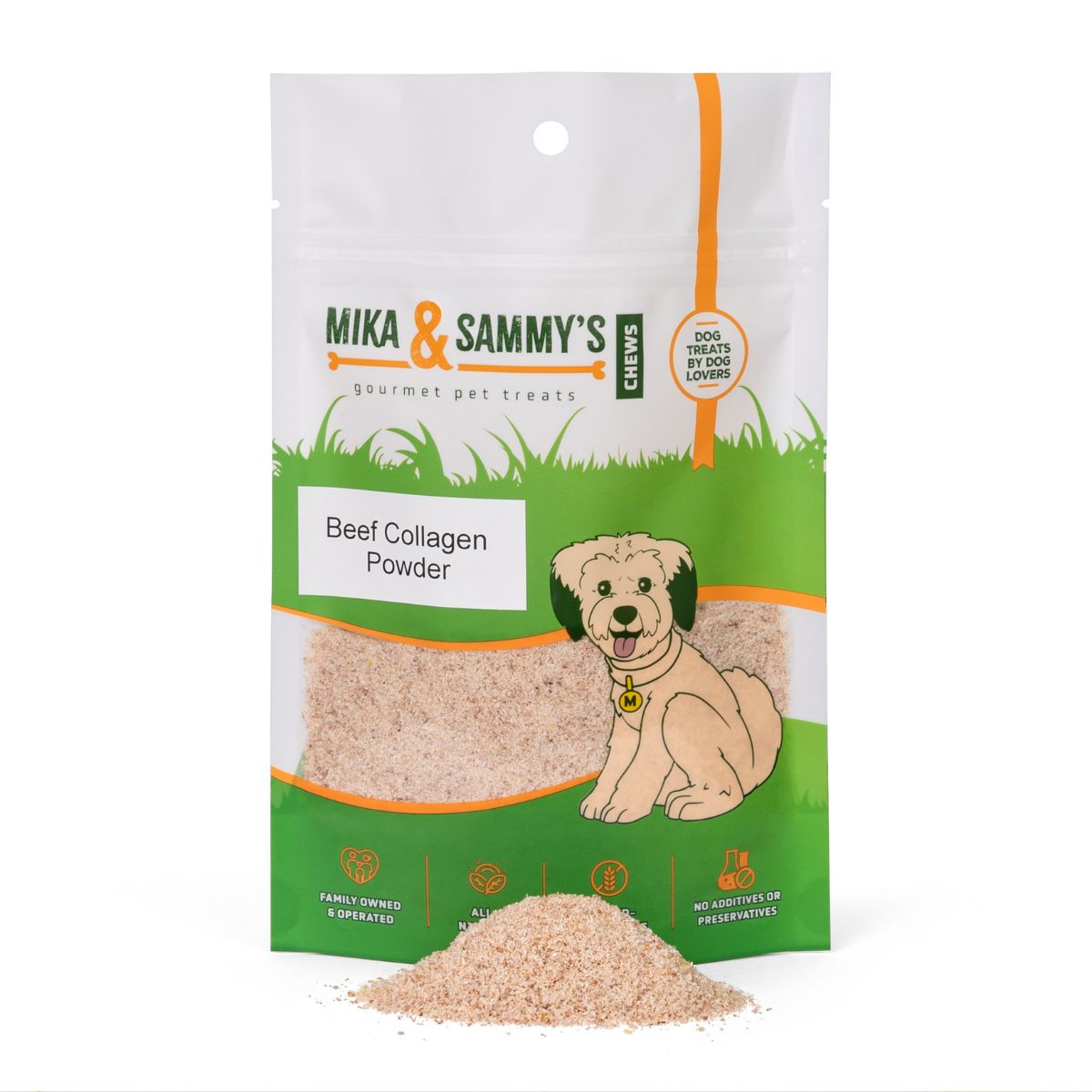 Front view of resealable pouch of Beef Collagen Powder showing clear window of powder and dog illustration on white background
