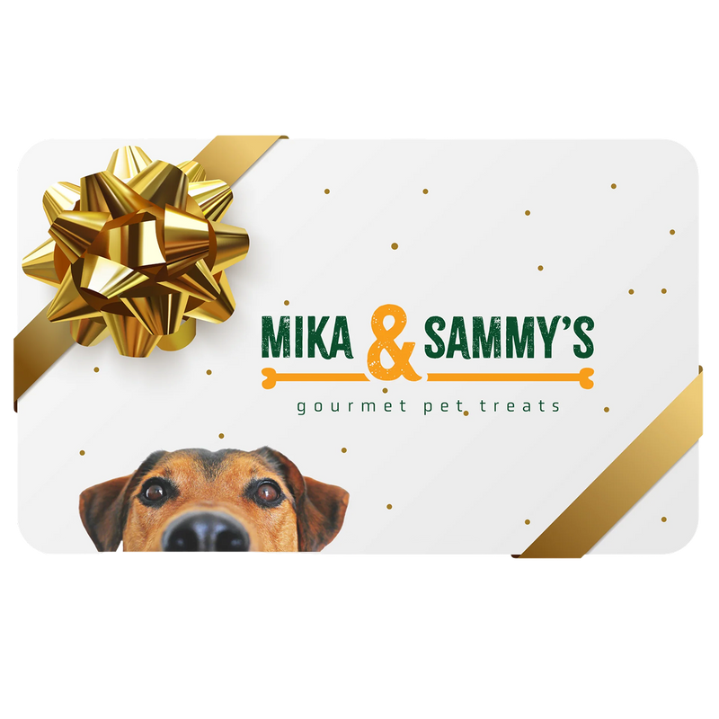 Front view of Mika and Sammy’s gift card featuring a dog, gold ribbon, and brand logo on a white background
