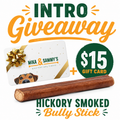 Promotional banner showing ‘Intro Giveaway’ offering a 15 dollar gift card plus a hickory smoked bully stick