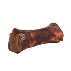 Angled view of a smoked beef marrow bone showing its browned smoked exterior and exposed marrow on a transparent background