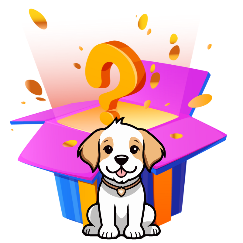 Illustration of Erik’s Mystery Chew or Treat: cartoon puppy beside open pink gift box with orange question mark and confetti