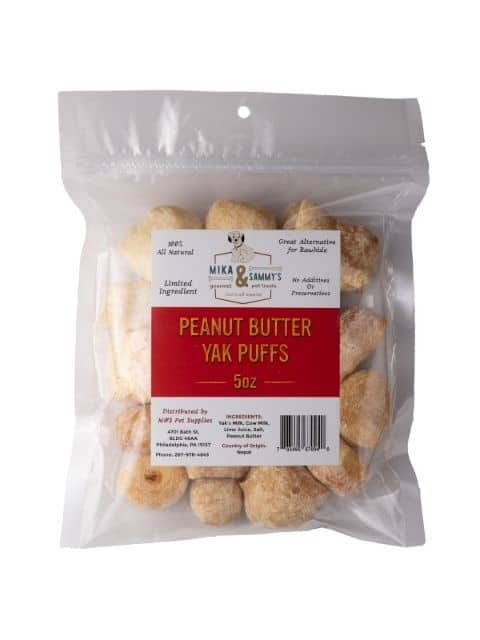 Front view of 5oz Peanut Butter Yak Puffs bag with red label and Mika & Sammy’s logo in clear pouch on white background