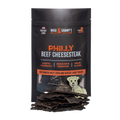 Front view of Philly Beef Cheesesteak dog treats showcasing dehydrated beef liver and cheese jerky treats with loose treats in front