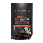 Front view of Philly Beef Cheesesteak dog treats showcasing dehydrated beef liver and cheese jerky treats with loose treats in front