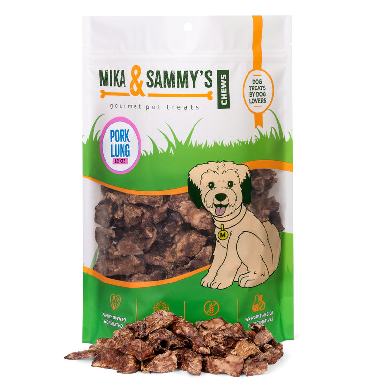 Front view of 12 oz Mika & Sammy’s Pork Lung bag showing clear window of dehydrated pork lung pieces and a cartoon dog on white background