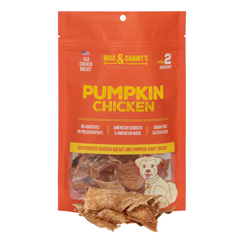 Front view of Pumpkin Chicken dog treats showcasing dehydrated chicken breast and pumpkin jerky treats in an orange package
