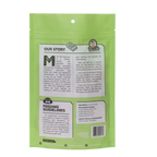 Back view of Uncle Justy’s Just Chicken treat bag showcasing the Our Story and feeding guidelines panels on a white background