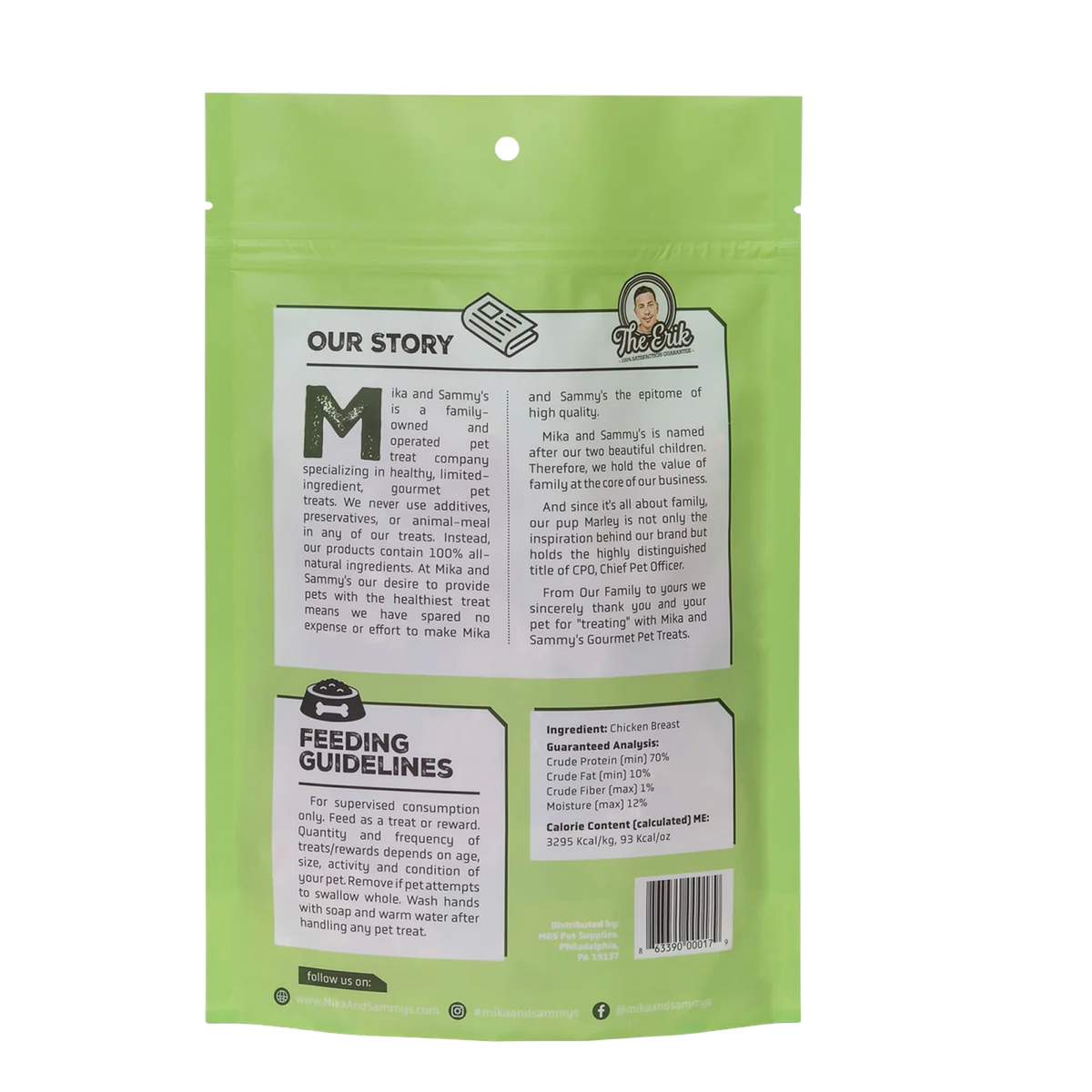 Back view of Uncle Justy’s Just Chicken treat bag showcasing the Our Story and feeding guidelines panels on a white background