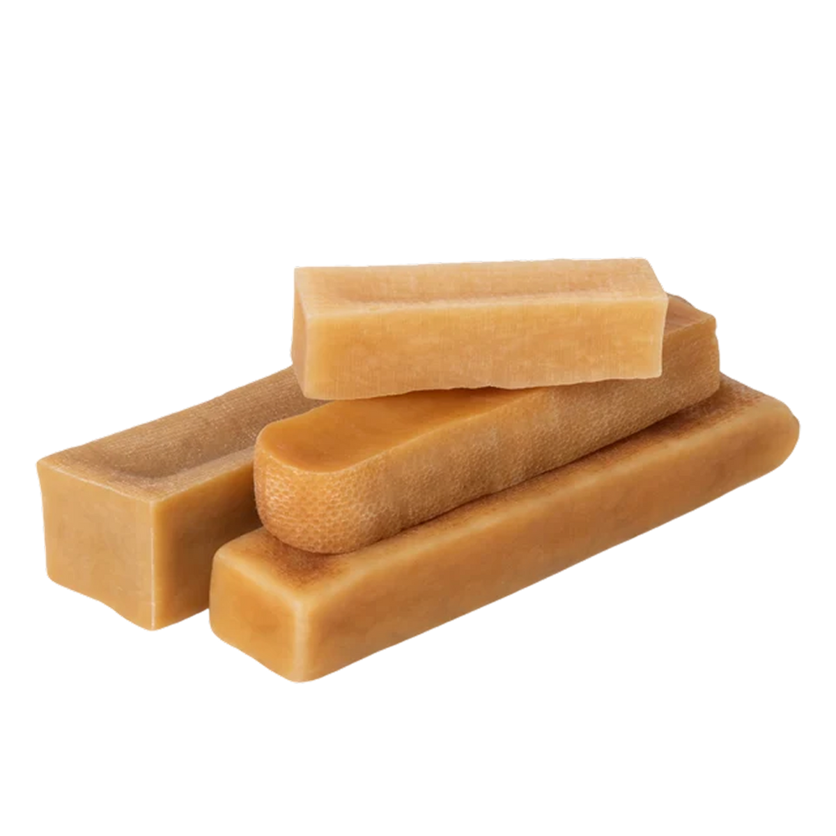 Three-quarter view of Himalayan yak cheese chew dog treats showcasing assorted rectangular shapes on black background